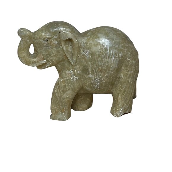 Vintage Chinese Hand-Carved Stone Elephant Trunk Up Beige 3" - Picture 3 of 7